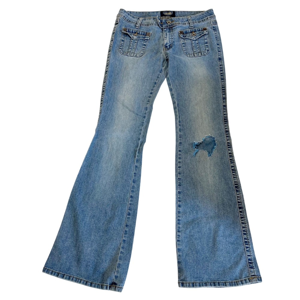 Vintage Angels Jeans Y2K Low Rise Flare Leg Light Wash Distressed Blue Size 11
